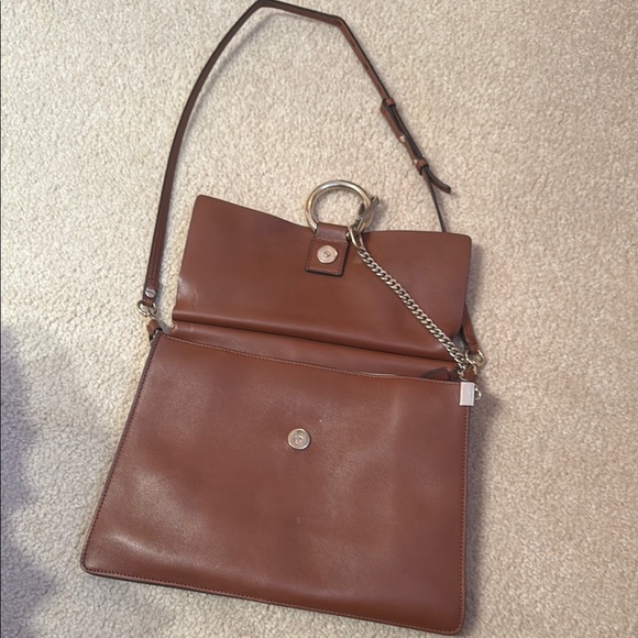 chloe faye medium tobacco Suede Calfskin Shoulder Bag Lanyard clasp on curb chain attaches to hoop hardware at face Chloe' Small Faye bag in
